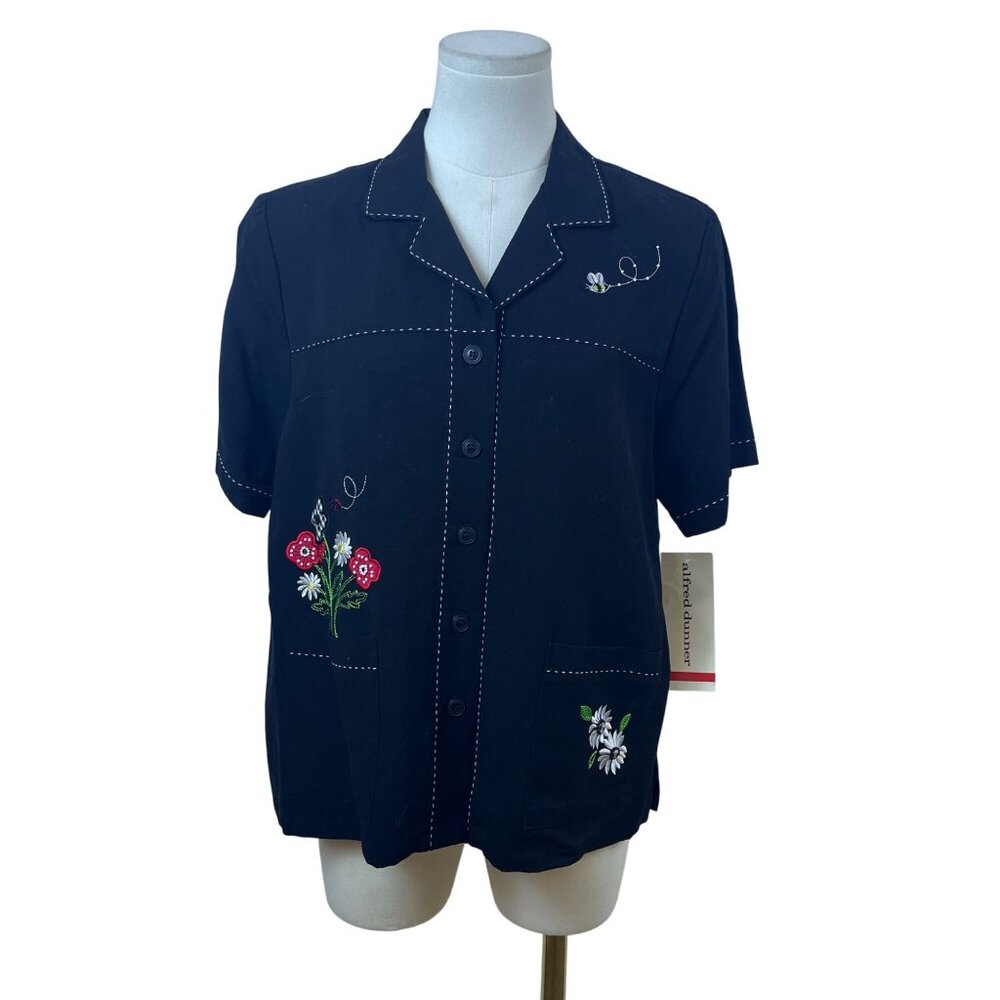Alfred Dunner Women's Black Embroidered Floral Blouse Short Sleeve Size 8 - New